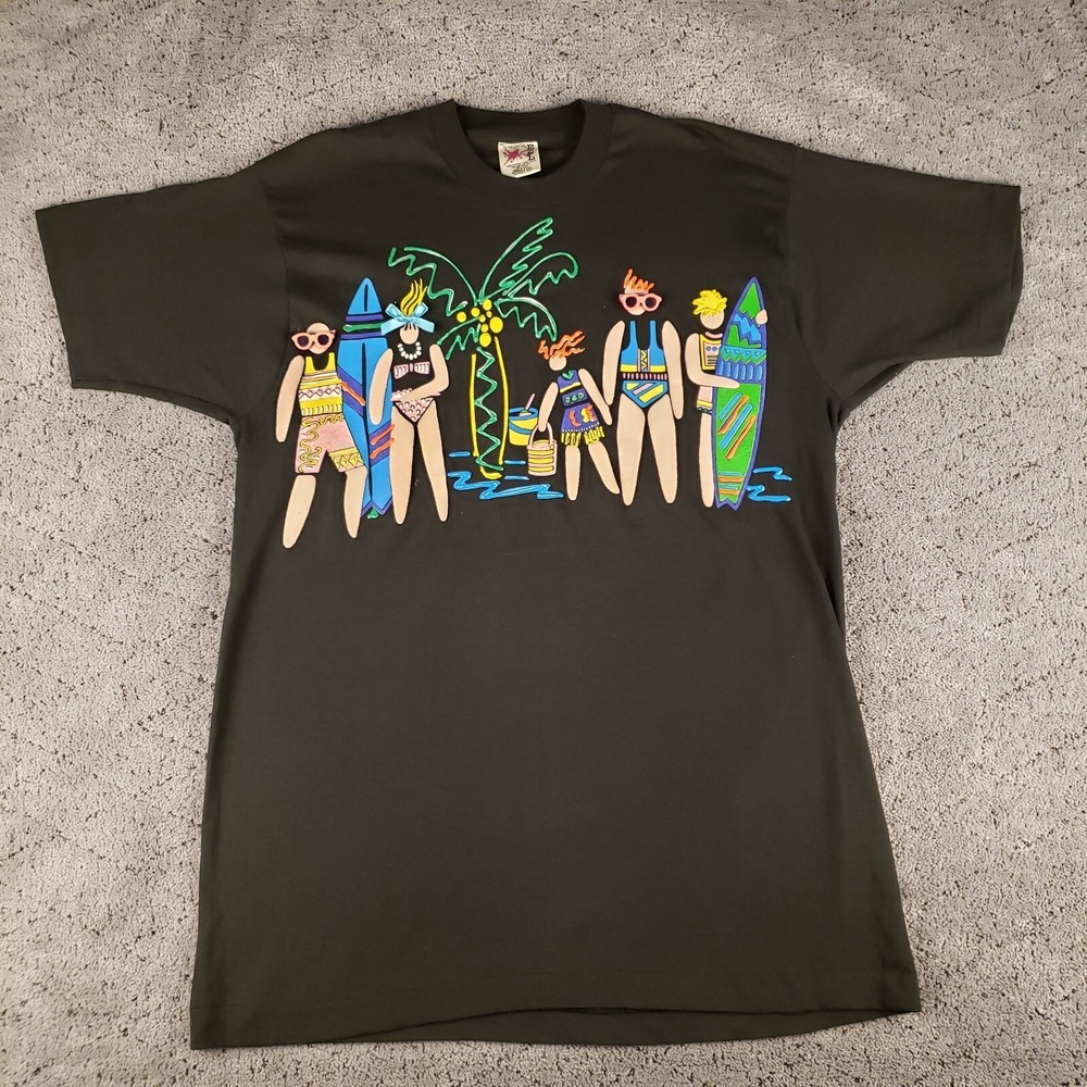 Vintage 3D Beach T Shirt Womens L Raised Print Single Stitch Made In USA 90s